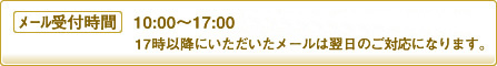 メールの受付時間は10時から17時までです。17時以降にいただいたメールは翌日のご対応になります。